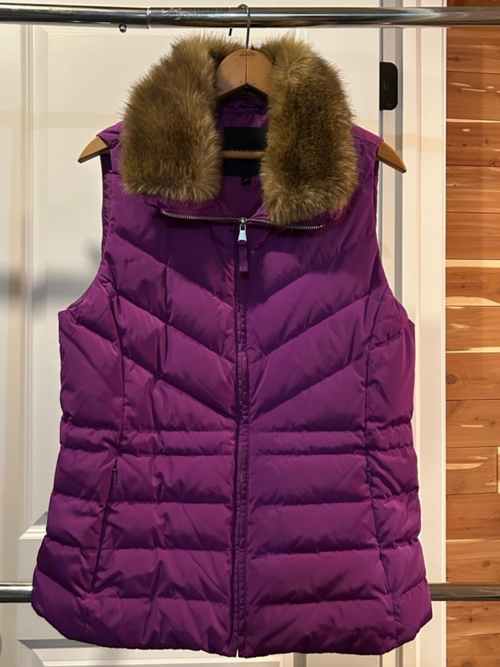 Talbots Purple Quilted Puffer Vest with Faux Fur Collar